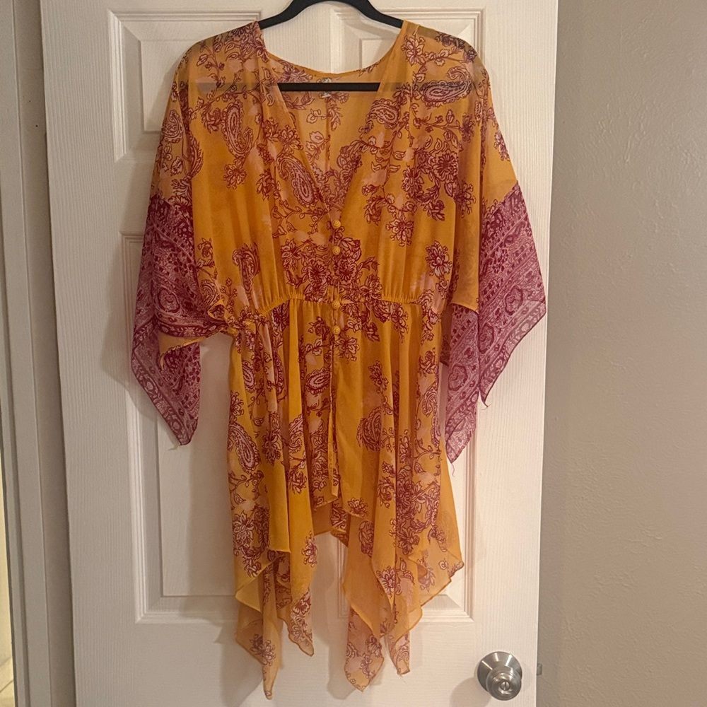 Free People Mustard Yellow and Burgundy Paisley Boho Tunic